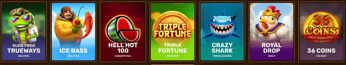 Asino Casino overzicht van slots zoals Elvis Frog Trueways, Ice Bass, Hell Hot 100, Triple Fortune, Crazy Shark, Royal Drop en 36 Coins