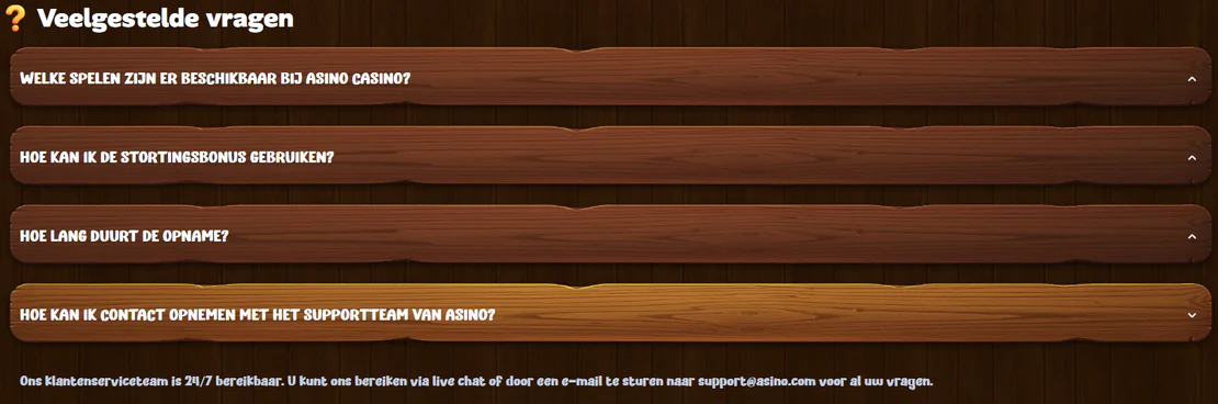 Asino Casino veelgestelde vragen over beschikbare spellen, stortingsbonussen, uitbetalingen en 24/7 klantenservice via livechat en e-mail