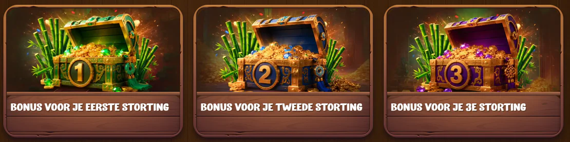 Asino Casino welkomstbonussen voor de eerste, tweede en derde storting met drie schatkisten vol gouden munten en edelstenen